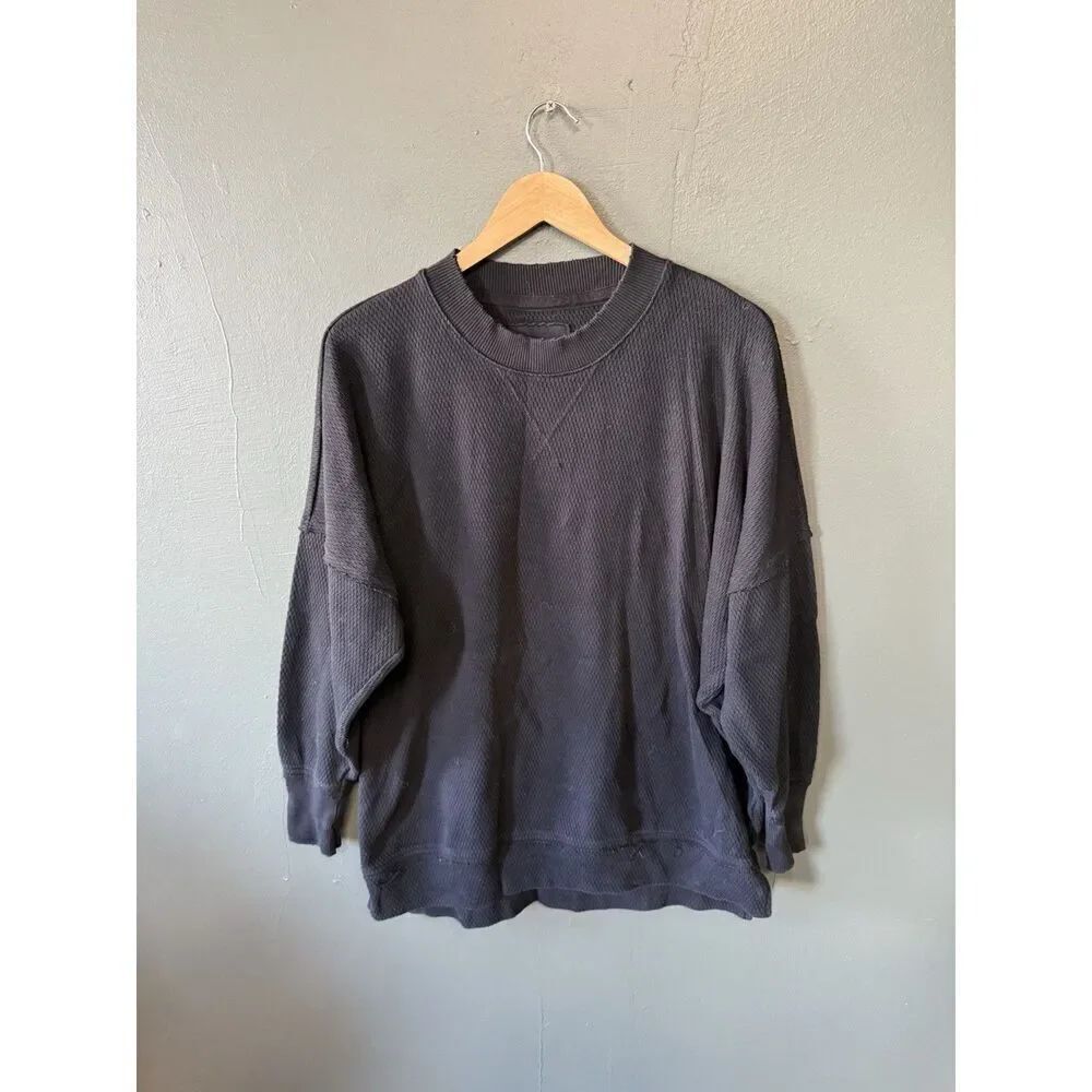 Aerie Womens Black Long Sleeve Ribbed Pullover Oversized Sweatshirt Size Medium